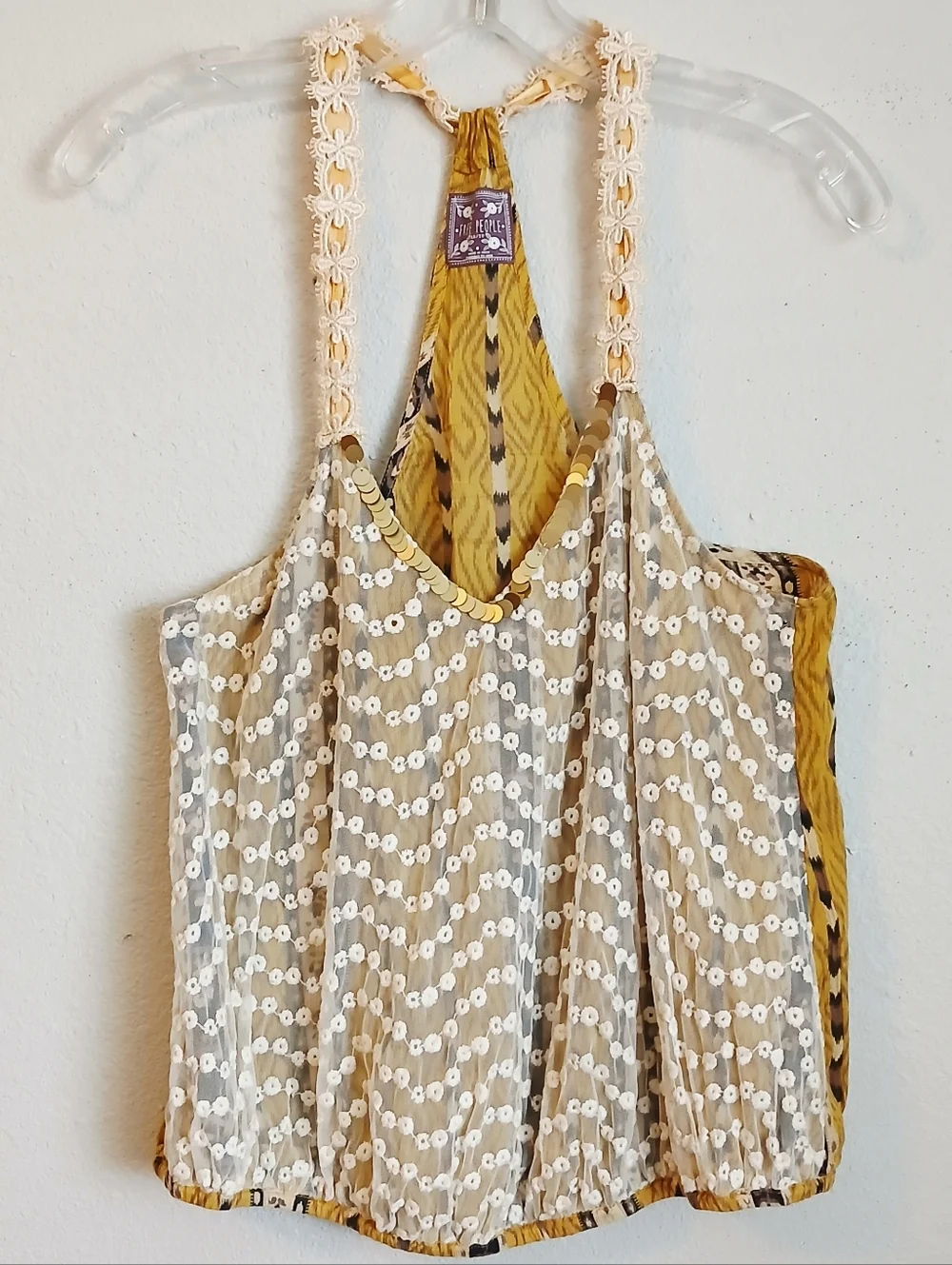 Free People Embroidered Sequin Tank Top Boho Mixed Media Size XS